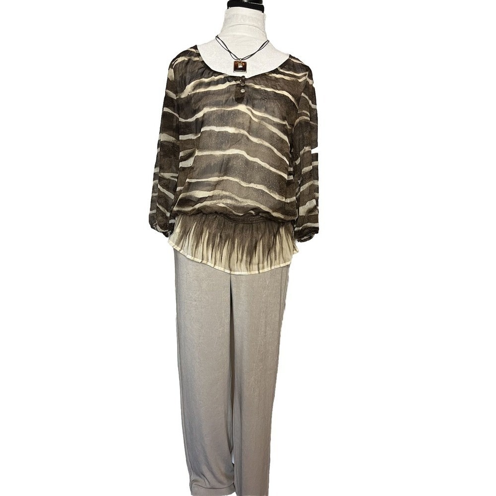 Chico's Size 0 (small) Sheer Peasant Zebra Print Top Peplum Elastic Waist